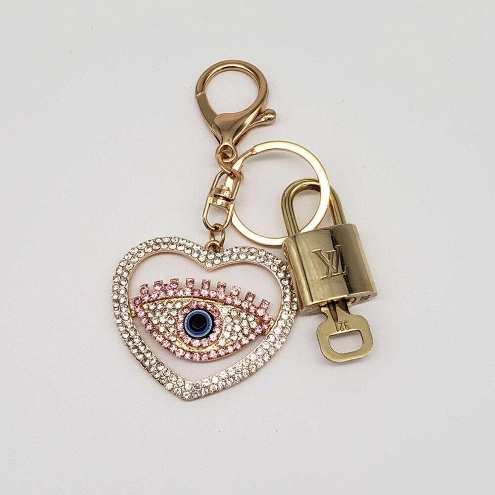 Authentic Louis Vuitton Lock & Key with unbranded Evil Eye Heart Bagcharm - Picture 2 of 8